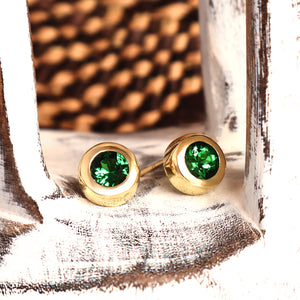 Divinely Deep Green Bezel Set Tsavorite Yellow Gold Studs