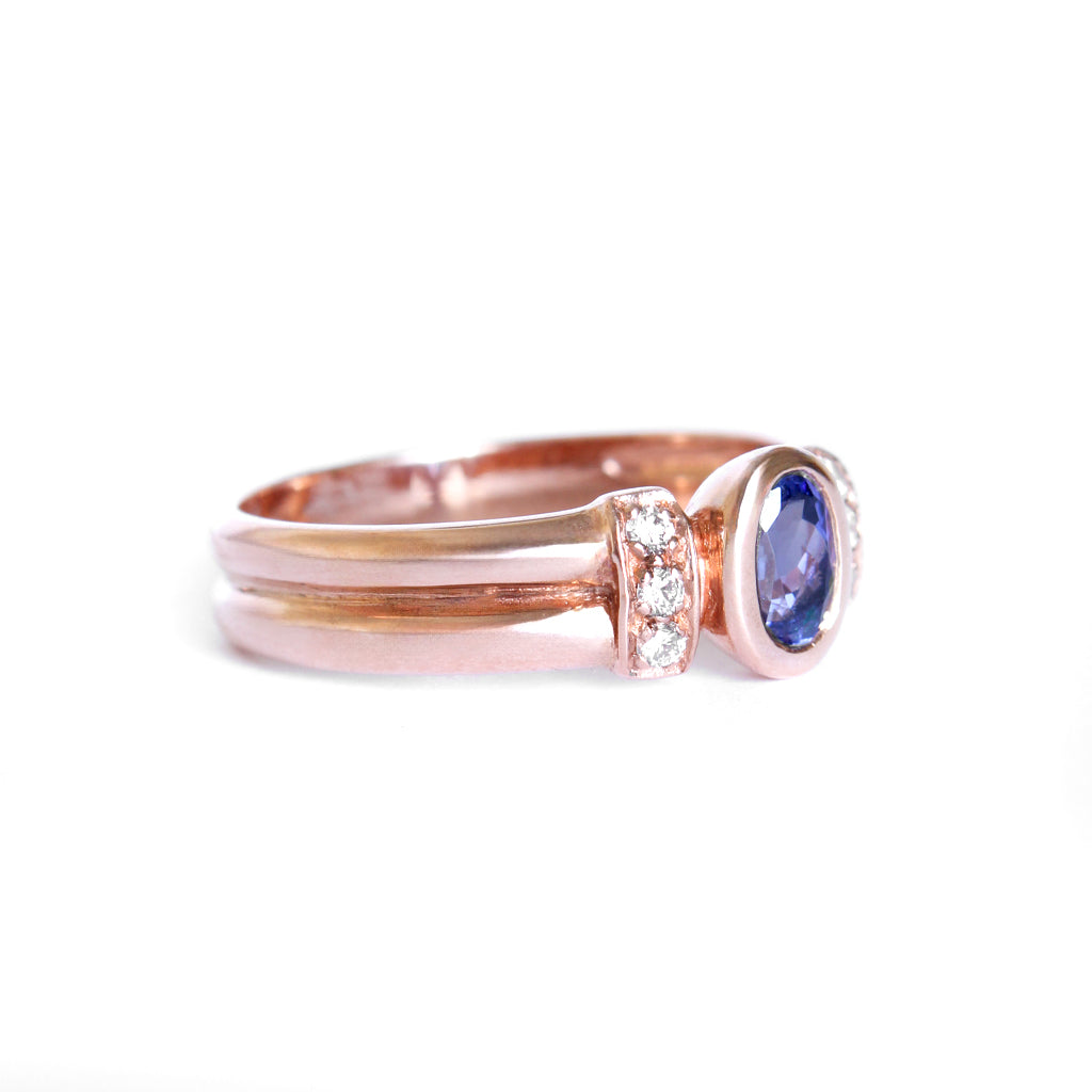 Double Band Oval Tanzanite Ring with Elaborate Diamond Shoulders