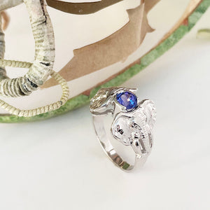 Double Elephant Head Ring with Tanzanite in White Gold