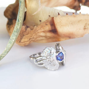 Double Elephant Head Ring with Tanzanite in White Gold