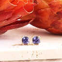 Double Four Claw Cushion Cut Tanzanite Yellow Gold Studs