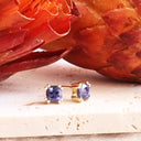 Double Four Claw Cushion Cut Tanzanite Yellow Gold Studs