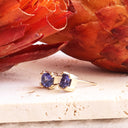Double Four Claw Cushion Cut Tanzanite Yellow Gold Studs
