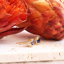 Double Four Claw Cushion Cut Tanzanite Yellow Gold Studs