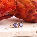 Double Four Claw Cushion Cut Tanzanite Yellow Gold Studs