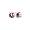 Double Four Claw Cushion Cut Tanzanite Yellow Gold Studs