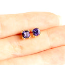 Double Four Claw Cushion Cut Tanzanite Yellow Gold Studs