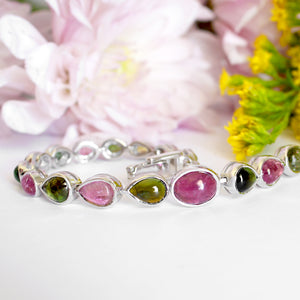Cascading Bezel Set Multi-Stone Tourmaline Pear Cut Silver Bracelet