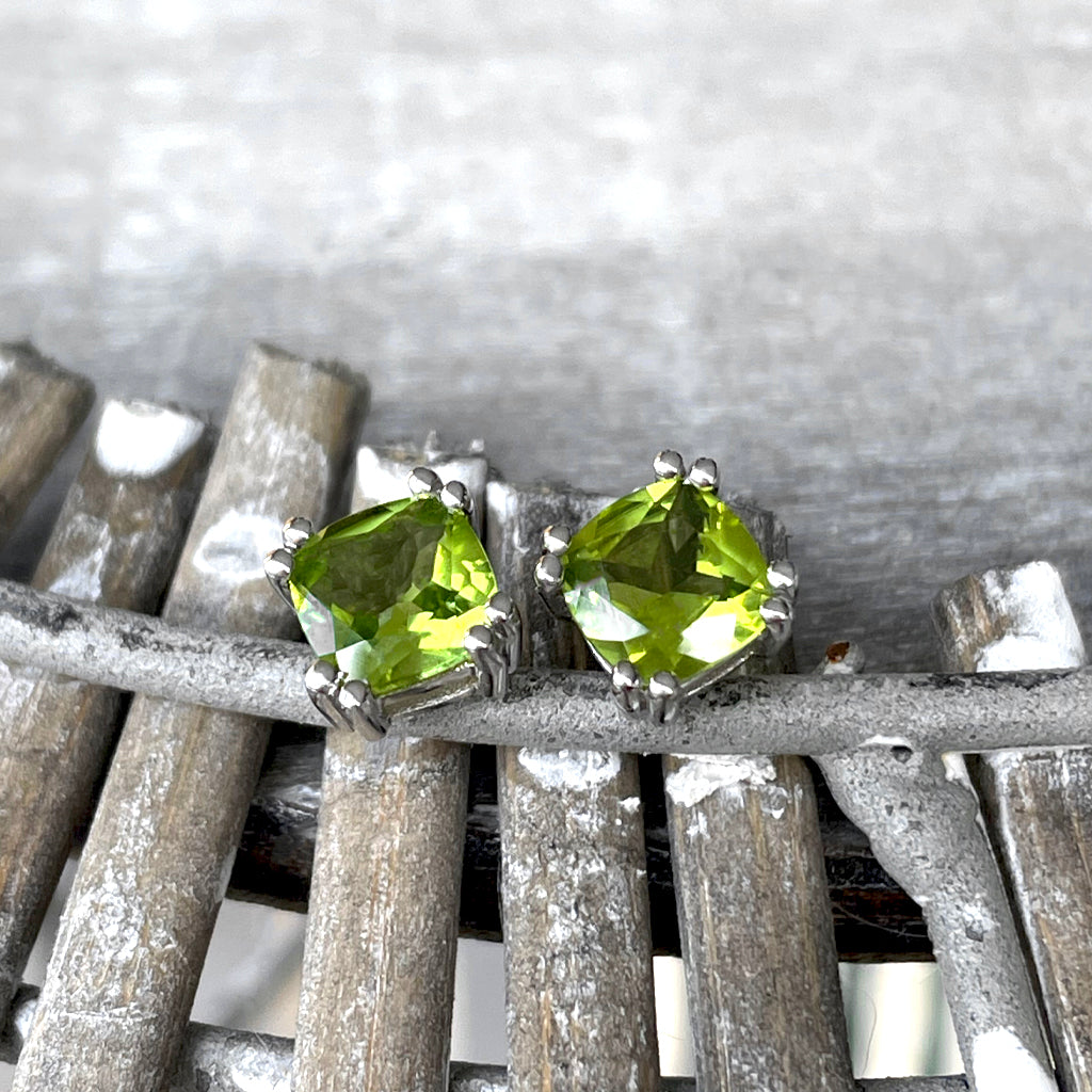 Generous Cushion Cut Double Claw Peridot Studs