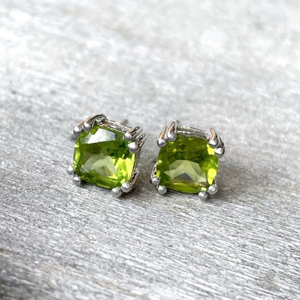 Generous Cushion Cut Double Claw Peridot Studs