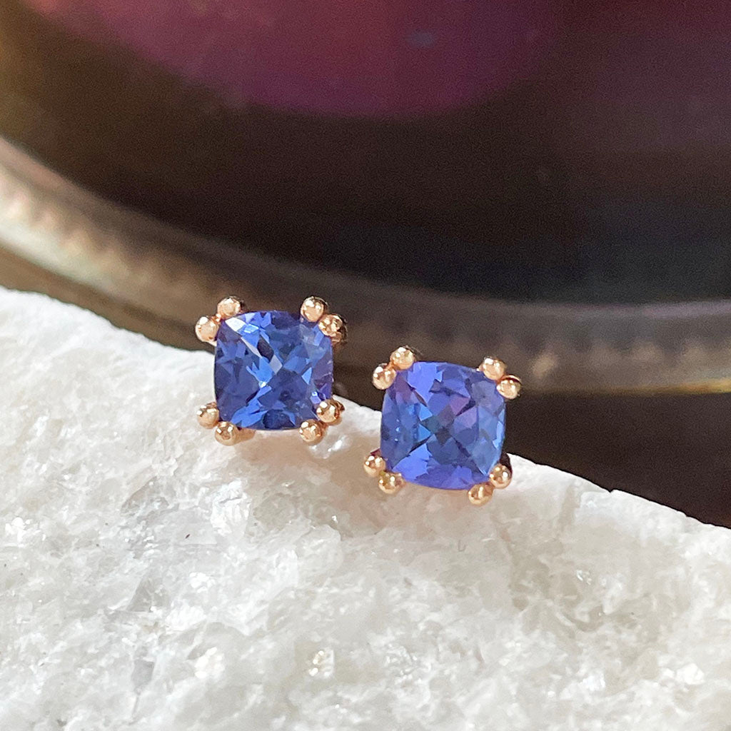 Cushion Cut Rose Gold Tanzanite stud earrings