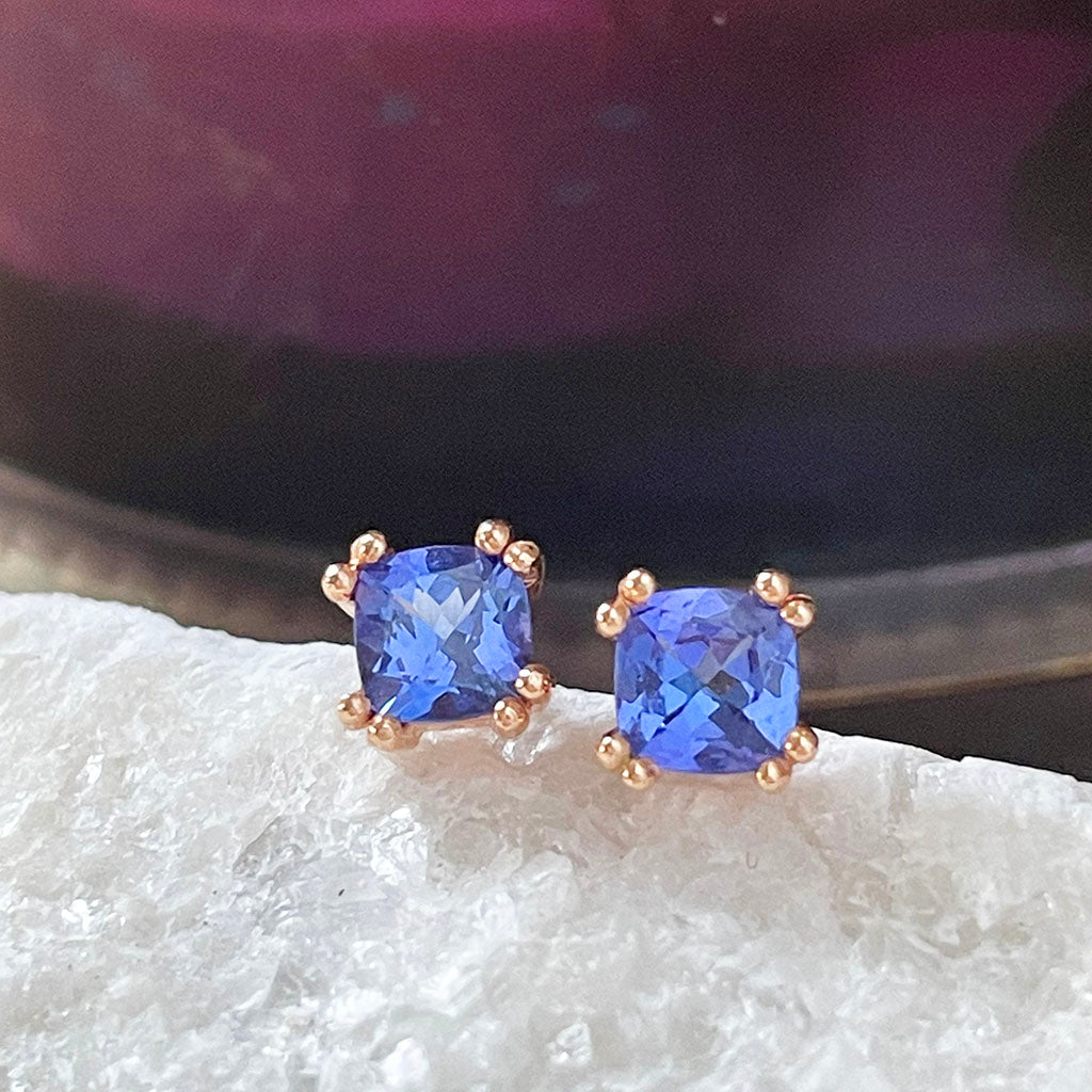 Cushion Cut Rose Gold Tanzanite stud earrings