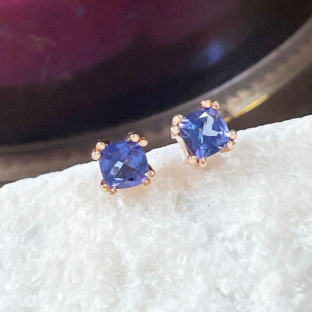 Cushion Cut Rose Gold Tanzanite stud earrings
