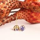 Elegant Floral Six Claw Round Cut Tanzanite Yellow Gold Studs