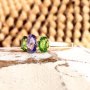 Elegant Trilogy Tanzanite and Tsavorite Diamond Ring Yellow Gold Ring