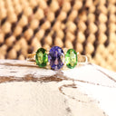 Elegant Trilogy Tanzanite and Tsavorite Diamond Ring Yellow Gold Ring