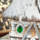 Elegantly Classic Pear Cut Tsavorite White Diamond Halo White Gold Pendant