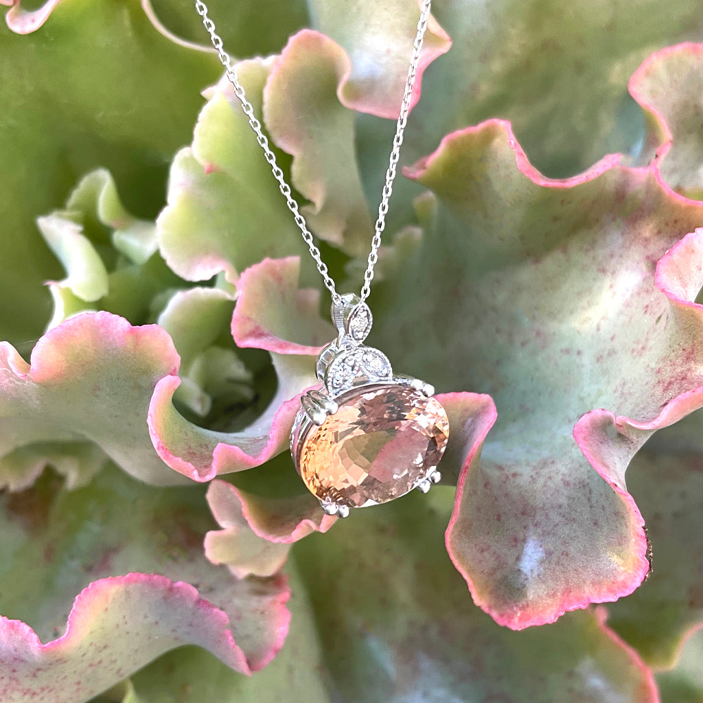 Elegantly Regal Peach Oval Morganite and Decorative Diamond Bale Pendant