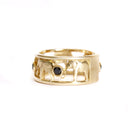 Elephant Chain Ring with Black Diamonds and Yellow Gold Borders
