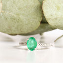 Elevated Four Claw Emerald Ring With Diamond Shoulders In White Gold