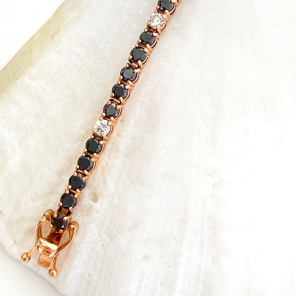 Elongated Black Diamond And Flashes of White Diamond Rose Gold Tennis Bracelet