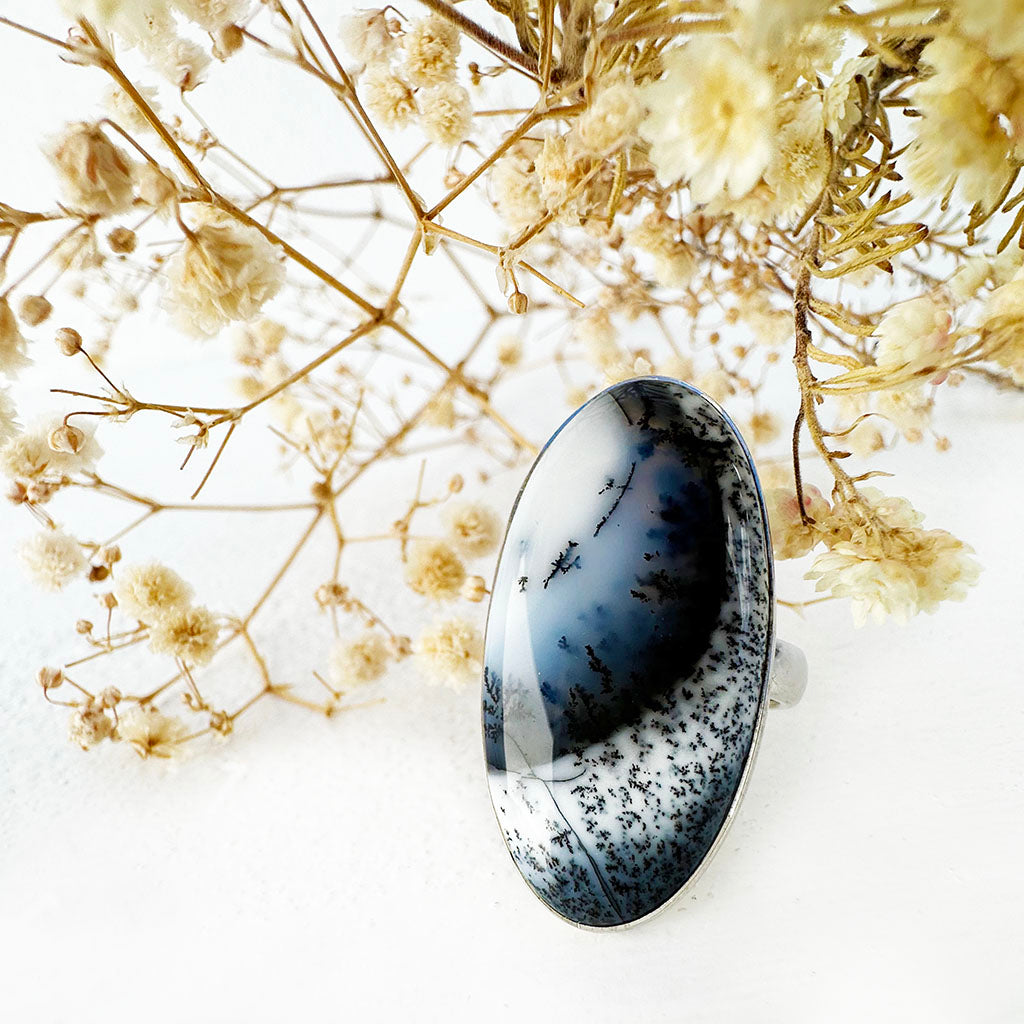 Natural Freeform Elongated Oval Cut Dendritic Agate Silver Ring - 35mm x 18mm
