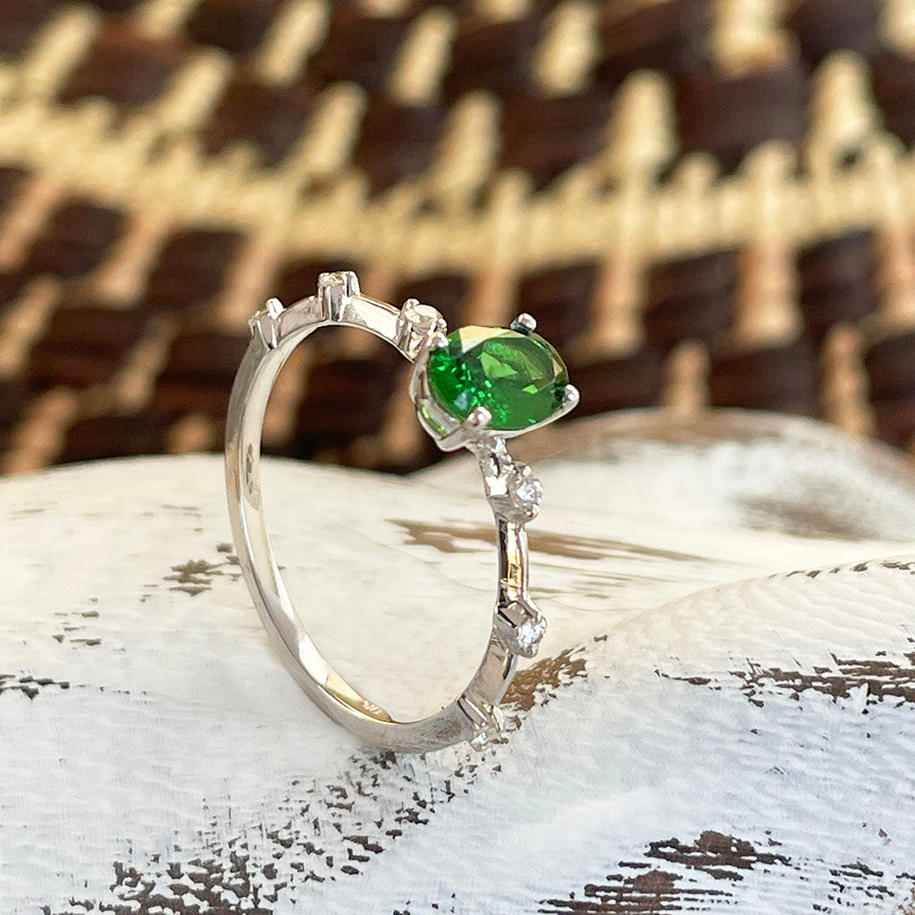Enchanting Diamond Dotted White Gold Tsavorite Ring