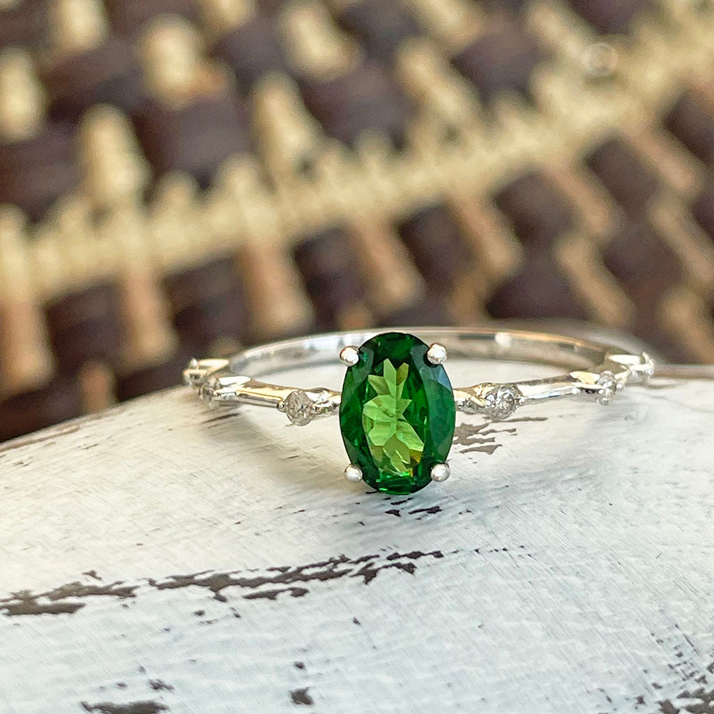 Enchanting Diamond Dotted White Gold Tsavorite Ring