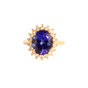 Enchanting Oval Shaped Diamond Halo and Tanzanite Yellow Gold Ring