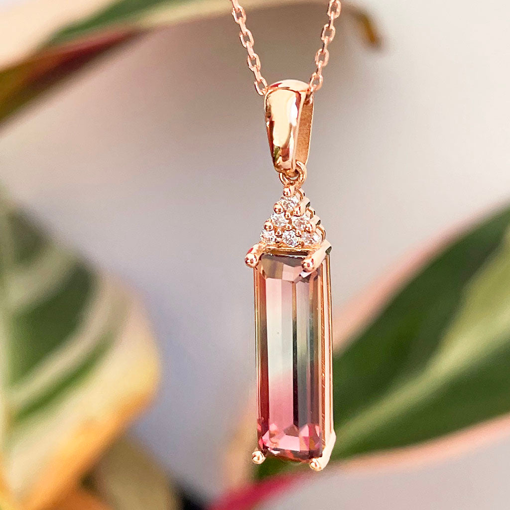 Rose Gold watermelon tourmaline and diamond pendant
