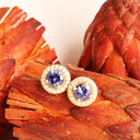 Enchanting Round Cut Tanzanite With Diamond Halo Yellow Gold Earrings