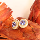 Enchanting Round Cut Tanzanite With Diamond Halo Yellow Gold Earrings