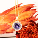 Enchanting Round Cut Tanzanite With Diamond Halo Yellow Gold Pendant