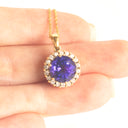 Enchanting Round Cut Tanzanite With Diamond Halo Yellow Gold Pendant