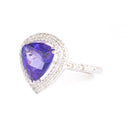 Exquisite Double Diamond Halo Trilliant Tanzanite Filigree Detail White Gold Ring