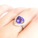 Exquisite Double Diamond Halo Trilliant Tanzanite Filigree Detail White Gold Ring