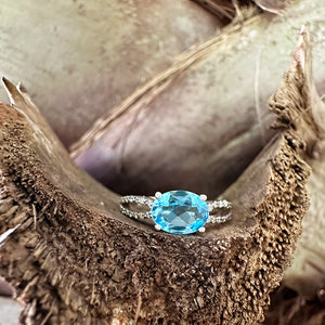 Fairytale Oval Blue Topaz with Split Shoulder Diamond Highlight White Gold Ring