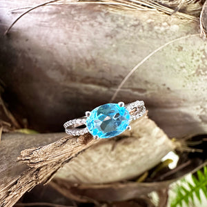 Fairytale Oval Blue Topaz with Split Shoulder Diamond Highlight White Gold Ring