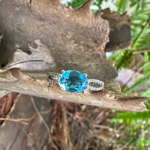 Fairytale Oval Blue Topaz with Split Shoulder Diamond Highlight White Gold Ring