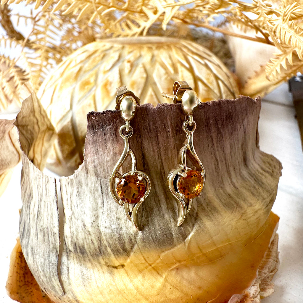 Flame Inspired Citrine Yellow Gold Drop Earrings