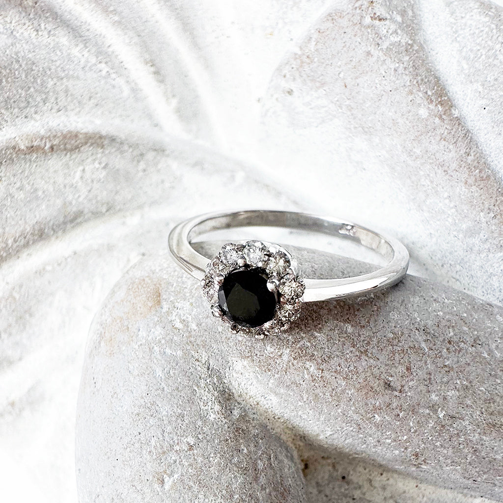 Floral Black Diamond White Gold Ring