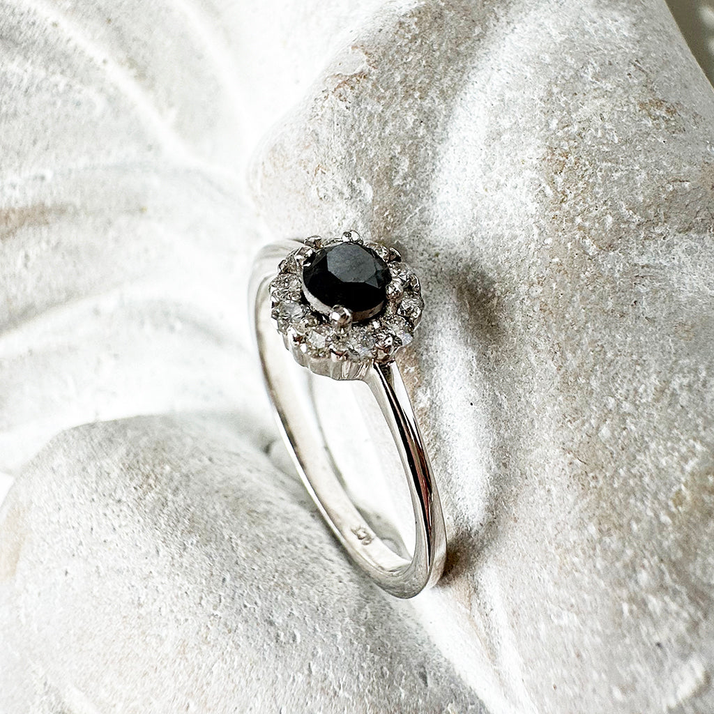 Floral Black Diamond White Gold Ring