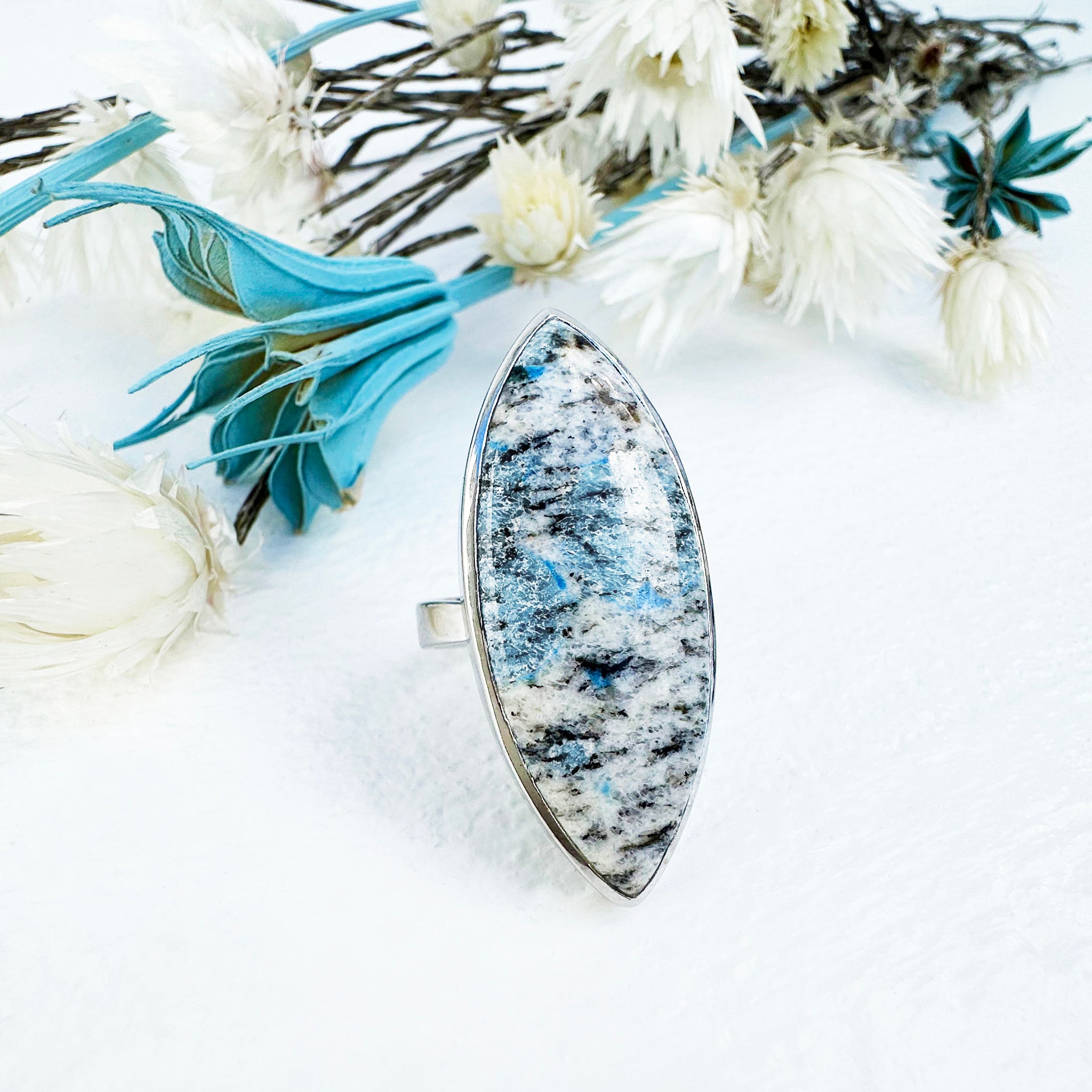 Freeform Natural Elongated Oval K2 Granite with Azurite Silver Ring