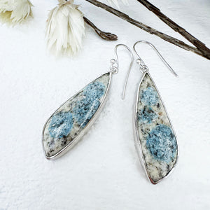 Freeform Natural Long Triangular K2 Granite with Azurite Silver Drop Earrings