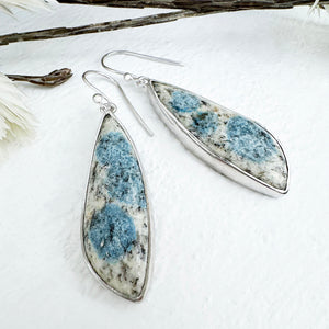 Freeform Natural Long Triangular K2 Granite with Azurite Silver Drop Earrings