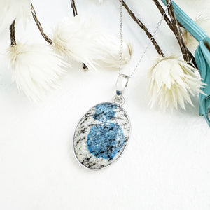 Freeform Natural Oval K2 Granite with Azurite Silver Pendant