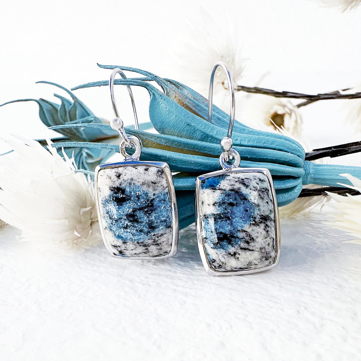 Freeform Natural Short Rectangular K2 Granite with Azurite Silver Drop Earrings