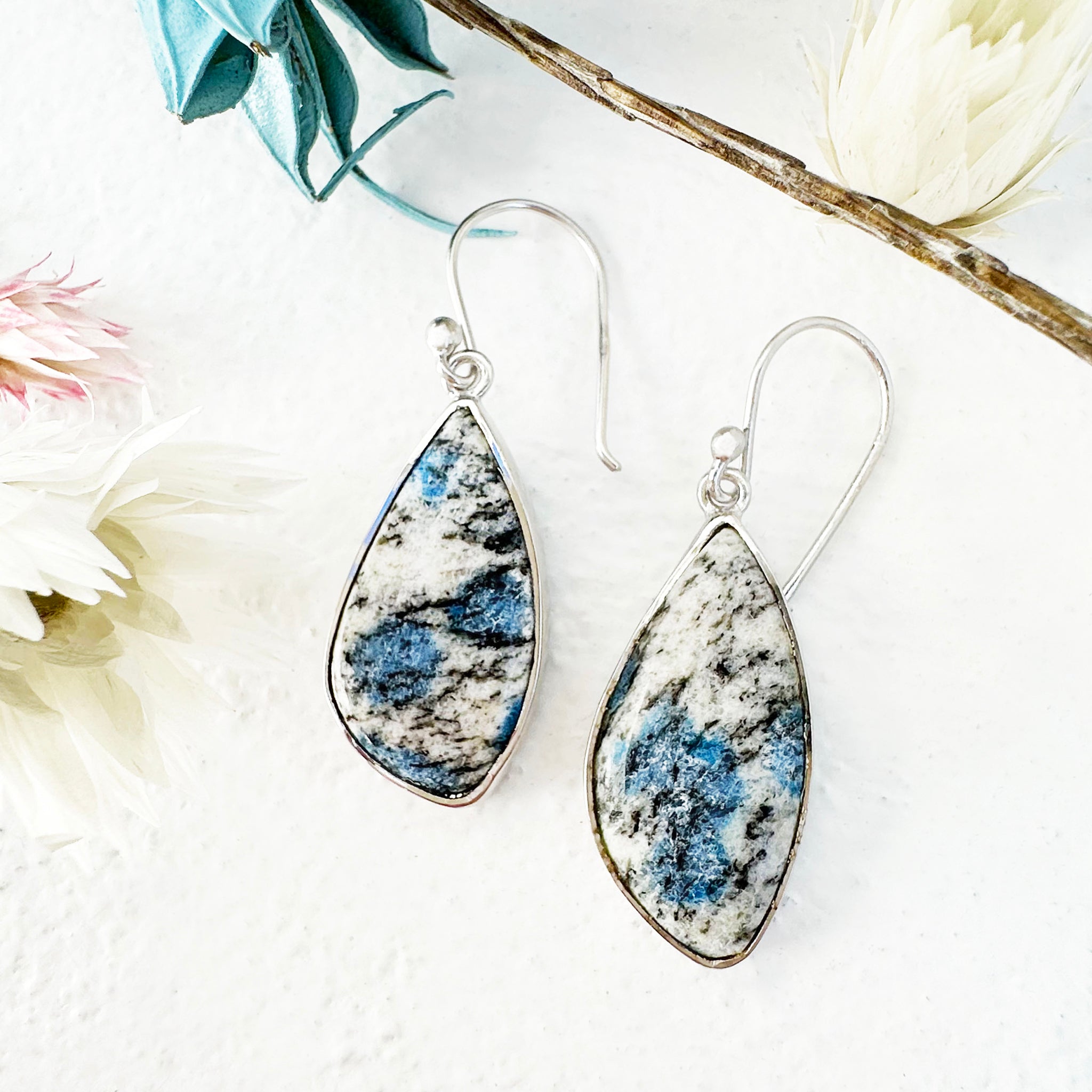 Freeform Natural Triangular K2 Granite with Azurite Silver Drop Earrings No.2