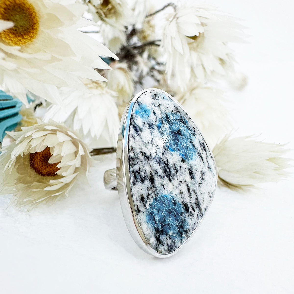 Freeform Natural Triangular K2 Granite with Azurite Silver Ring