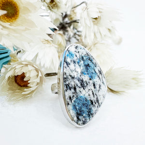 Freeform Natural Triangular K2 Granite with Azurite Silver Ring